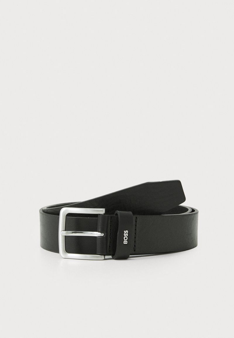 Black leather belt featuring a silver metal buckle, smooth texture, and a small logo accent on the strap.