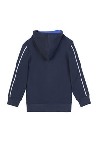 Sweatshirt con cappuccio blu navy, in misto cotone, presenta strisce laterali bianche, maniche lunghe, tasca a marsupio e polsini e orlo a coste.