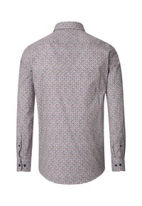 Langärmliges Hemd in Weiß mit einem mehrfarbigen kreisförmigen Muster, geknöpften Manschetten und einem Kentkragen, mit einem geraden Saum hinten.