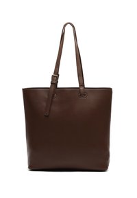Braune Ledertasche mit zwei langen Griffen, glatter Textur, rechteckiger Form und verstärkten Nähten an den Nähten. Keine sichtbare Hardware.