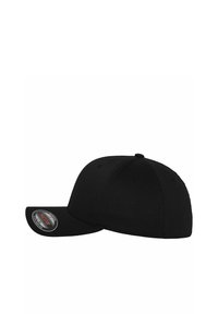 Cappellino da baseball nero con un design strutturato. Realizzato in tessuto, presenta una visiera piatta e fori di ventilazione sulla corona.