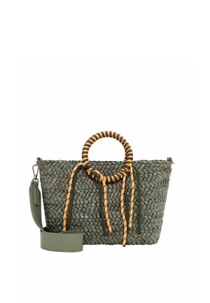 Borsa intrecciata verde scuro con manico tondo a righe arancioni e nere e tracolla verde abbinata staccabile.