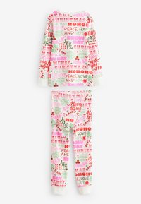 Långärmade pyjamaser i vitt med en festlig texttryck i röd, grön och rosa färg. Har en rundad halsringning och elastisk midja.