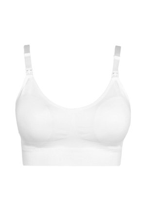 White soft-cup bra with adjustable straps, seamless design, and elastic band at the bottom, made from breathable fabric.