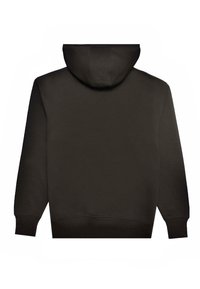 Svart hettegenser med en frontlomme, snor i hetten, ribbede mansjetter og kant. Materialet virker mykt med en glatt tekstur.