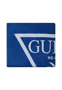 Asciugamano da spiaggia blu con testo bianco e design triangolare. Texture morbida con un logo audace e dettagli per un contrasto visivo.