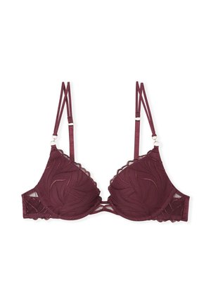 Burgundowy biustonosz z falowanym wykończeniem, kwiatowym koronkowym wzorem, regulowanymi ramiączkami i złotymi dodatkami. Miękki, teksturowany materiał.