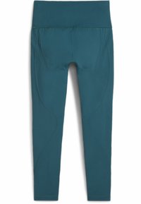 Turkizne legginge iz gladkega, raztegljivega materiala. Visok pas s subtilnimi šivi in prilegajočim krojem. Brez vidnih šivov ali logotipov.
