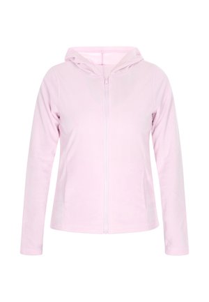 Roze fleece zip-up hoodie met een capuchon, lange mouwen en een gladde textuur. Bevat een voorzijde rits en heeft geen zichtbare patronen of accenten.