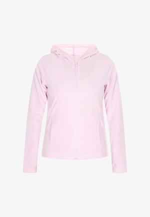 Felpa rosa con cappuccio, con zip, maniche lunghe e una texture liscia. Presenta una zip frontale e nessun motivo o dettaglio visibile.