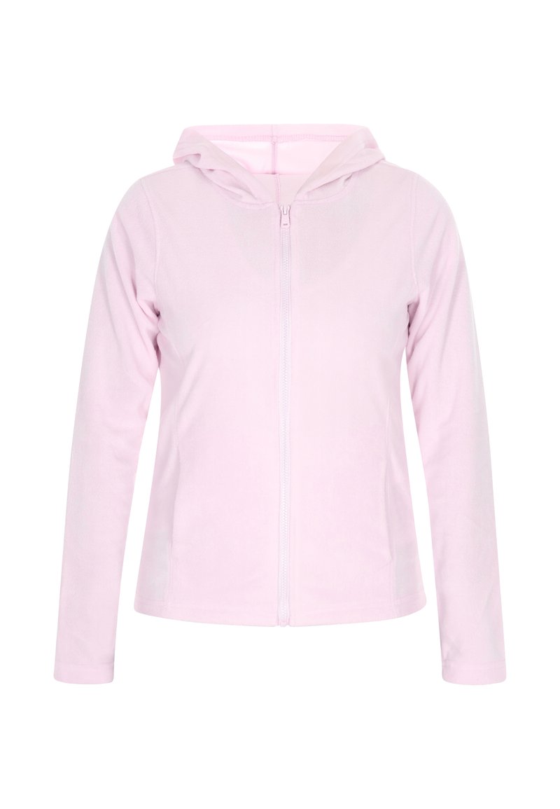 Felpa rosa con cappuccio, con zip, maniche lunghe e una texture liscia. Presenta una zip frontale e nessun motivo o dettaglio visibile.