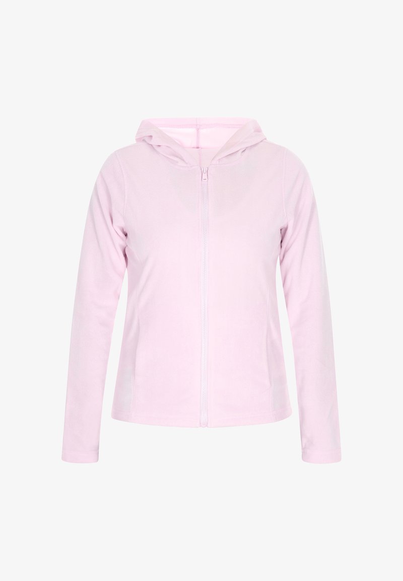 Růžová fleecová mikina s kapucí na zip, dlouhými rukávy a hladkou texturou. Má přední zip a žádné viditelné vzory ani akcenty.
