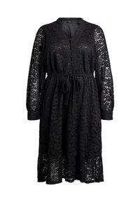 Čierne čipkované šaty s dlhými priesvitnými rukávmi, výstrihom do V, gombíkovými detailmi, zaväzovaním v páse a zvonovým lemom s kvetinovým vzorom.
