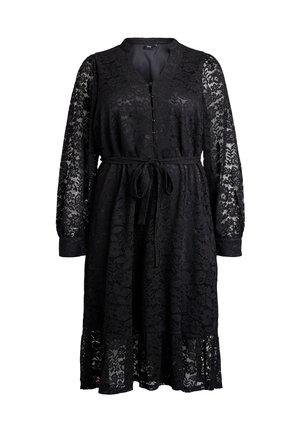 Zwarte kanten jurk met lange, doorschijnende mouwen, een V-hals, knoopdetails, een ceintuur in de taille en een uitlopende zoom, voorzien van bloemenpatronen.