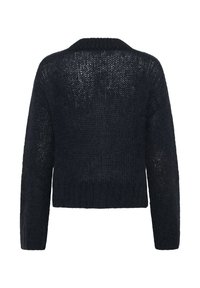 Dark knitted sweater with a loose, open texture; features long sleeves and a cropped hemline. Ribbed cuff and neckline details are visible.