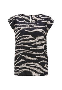 Blusa corta a maniche corte a strisce zebra in nero e crema, con scollatura rotonda e dettaglio a chiave sul retro. Tessuto morbido e leggero.