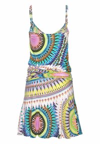 Abito senza maniche multicolore con scollatura rotonda. Presenta vivaci motivi circolari e a zig zag nei colori blu, rosa, verde e arancione.