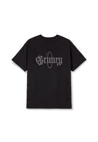 Zwart t-shirt met korte mouwen en een ronde hals. Heeft een grote grafische print in zilver op de achterkant, met het woord "Grimey."