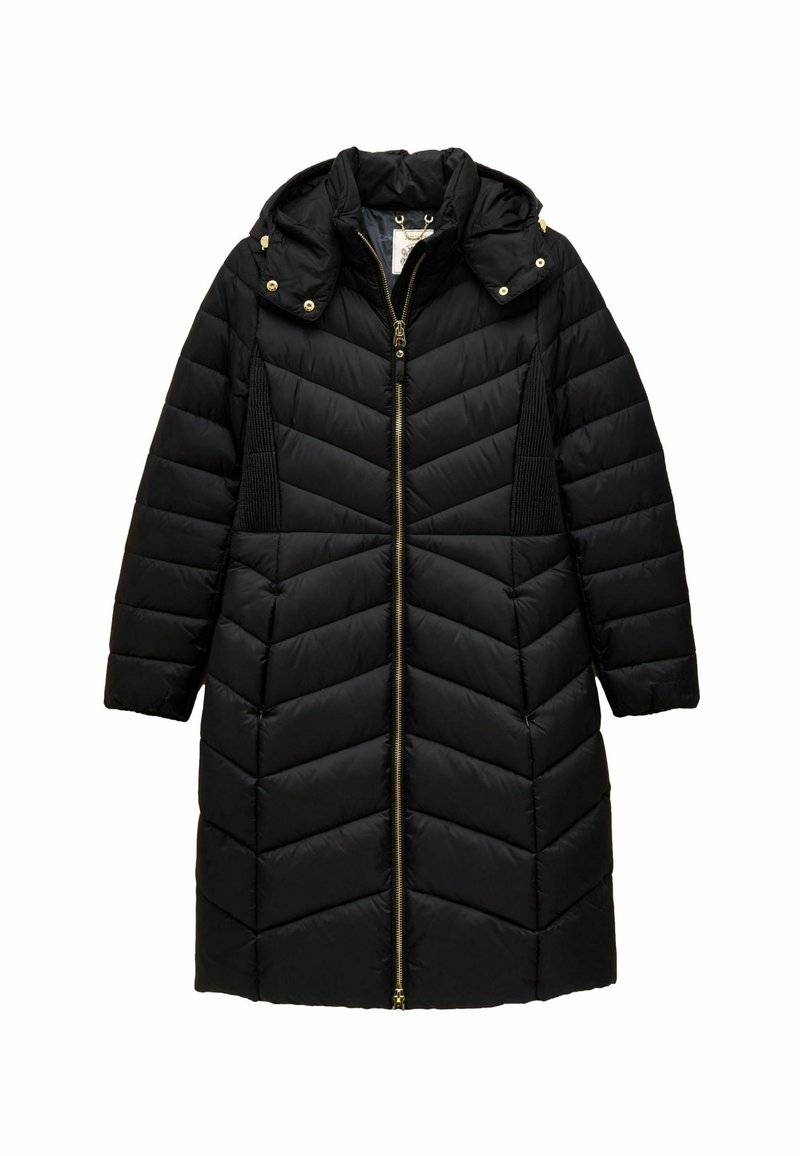 Melnā, iegarenā ziemas jaka ar rāvējslēdzēju priekšā, kapuci un čevronu dizainu. Iezīmes ietver ribotu sānu paneļu un zelta toņu aksesuāru detaļas.