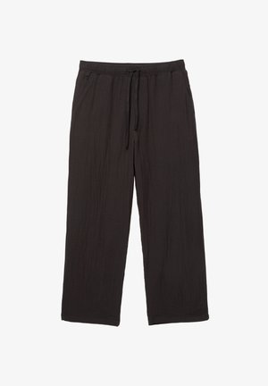 Pantaloni neri, larghi e comodi, realizzati in un tessuto texturizzato, con cintura elastica e coulisse. Presentano un design a gamba dritta.