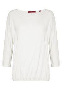 WeißesLangarmbluse mit Rundhalsausschnitt, die zarte Dekorstiche und einen elastischen Saum aufweist.
