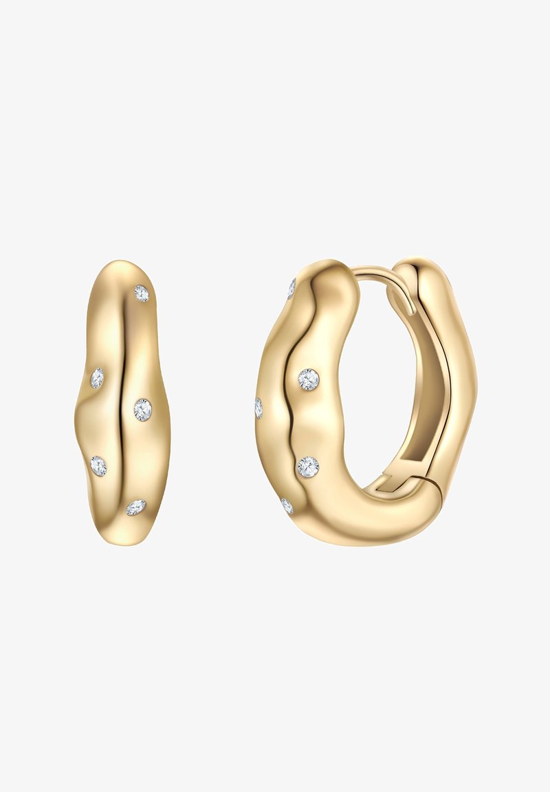 Zelta cilindra auskari ar viļņveidīgu dizainu, kas rotāti ar iestrādātiem caurspīdīgiem akmeņiem. Gluda, spīdīga virsma ar nelielu tekstūru.