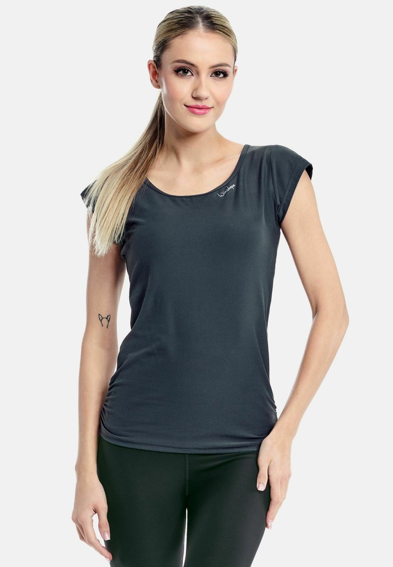 Dark gray short-sleeve athletic top with a scoop neckline and subtle logo at the chest, made of smooth, lightweight fabric.