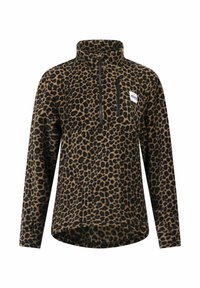 Luipaardprint fleece pullover met een kwart rits, zwarte accenten en een logo patch. Heeft een relaxte pasvorm en lange mouwen.