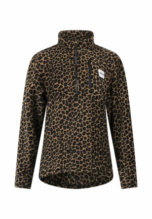 Pull en polaire à imprimé léopard avec un zip quart, des accents noirs et un écusson logo. Présente une coupe décontractée et des manches longues.
