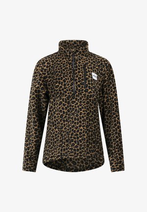 Fleece-Pullover mit Leopardenmuster und Viertelreißverschluss, schwarzen Akzenten und einem Logo-Patch. Verfügt über einen lässigen Schnitt und lange Ärmel.