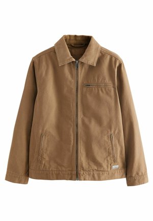 Brown zip-up jacket made from cotton blend fabric. Features a collared neckline, two side pockets, and a single chest pocket.