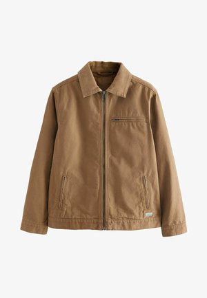 Brown zip-up jacket made from cotton blend fabric. Features a collared neckline, two side pockets, and a single chest pocket.