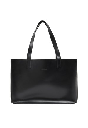 Black leather tote bag with two flat handles, smooth texture, sleek rectangular shape, and subtle logo detail on the front.