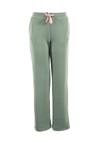 Lichtgroene sweatpants gemaakt van zacht materiaal, met een tailleband met trekkoord in een roze accent. Recht model met twee zijzakken.