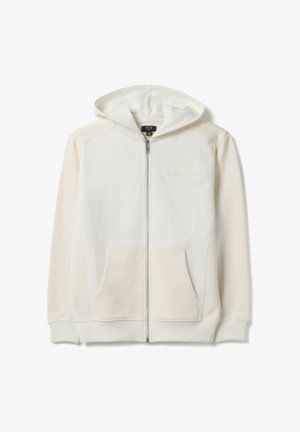 Sweat-shirt à capuche zippé en coton crème clair, avec poches avant, poignets côtelés, et texte brodé "NEW ENGLAND" sur la poitrine.