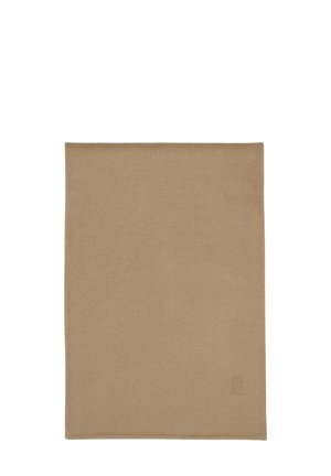 Beige square scarf made from soft fabric. Features a subtle texture with a small embroidered logo in the corner.