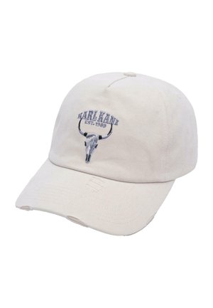 Beige cotton cap with a curved brim, featuring blue embroidered horn skull design and "KARL KANI EST. 1989" text above. Distressed accents present.