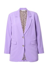 Fialový blazer se zlatými knoflíkovými zapínáními, dvěma předními kapsami a podšívkou s leopardím potiskem. Přiléhavý střih s hladkou texturou.