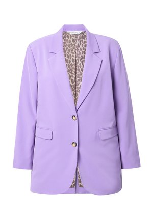 Lila Blazer mit goldenen Knopfverschlüssen, zwei Vorderfächern und einem Leopardenmuster-Futter. Taillierte Passform mit glatter Textur.