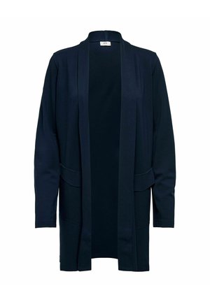 Cardigan bleu marine à manches longues avec ouverture sur le devant, col châle et deux poches avant, présenté sur fond blanc.