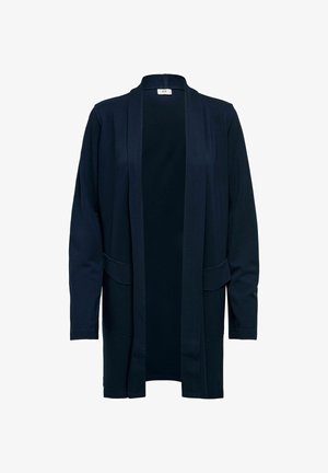 Cardigan bleu marine à manches longues avec ouverture sur le devant, col châle et deux poches avant, présenté sur fond blanc.