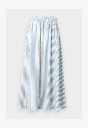 Midi sukně s vertikálními světle modrými a bílými pruhy, elastickým pasem a vlnitými vertikálními korálkovými ozdobami.