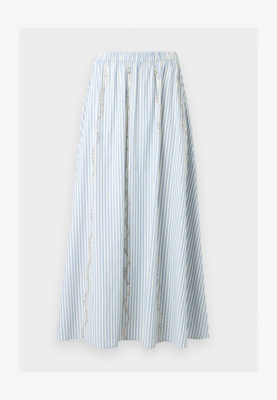 Φούστα μέση μήκους με κατακόρυφες ρίγες σε ανοιχτό μπλε και άσπρο, ελαστική μέση και κυματιστές κατακόρυφες διακόσμησεις με χάντρες.