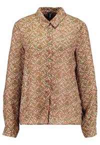 Brun blommig skjorta med små rosa och vita blommor, med krage, långa ärmar och knappstängning framtill.