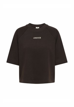 Svart kort, kortermet sweatshirt med rund hals og hvit "AMOUR"-tekst midt på brystet.