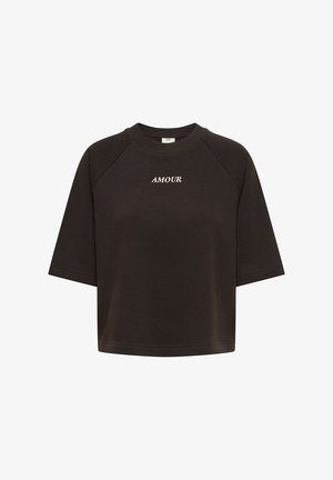 Svart kort, kortermet sweatshirt med rund hals og hvit "AMOUR"-tekst midt på brystet.