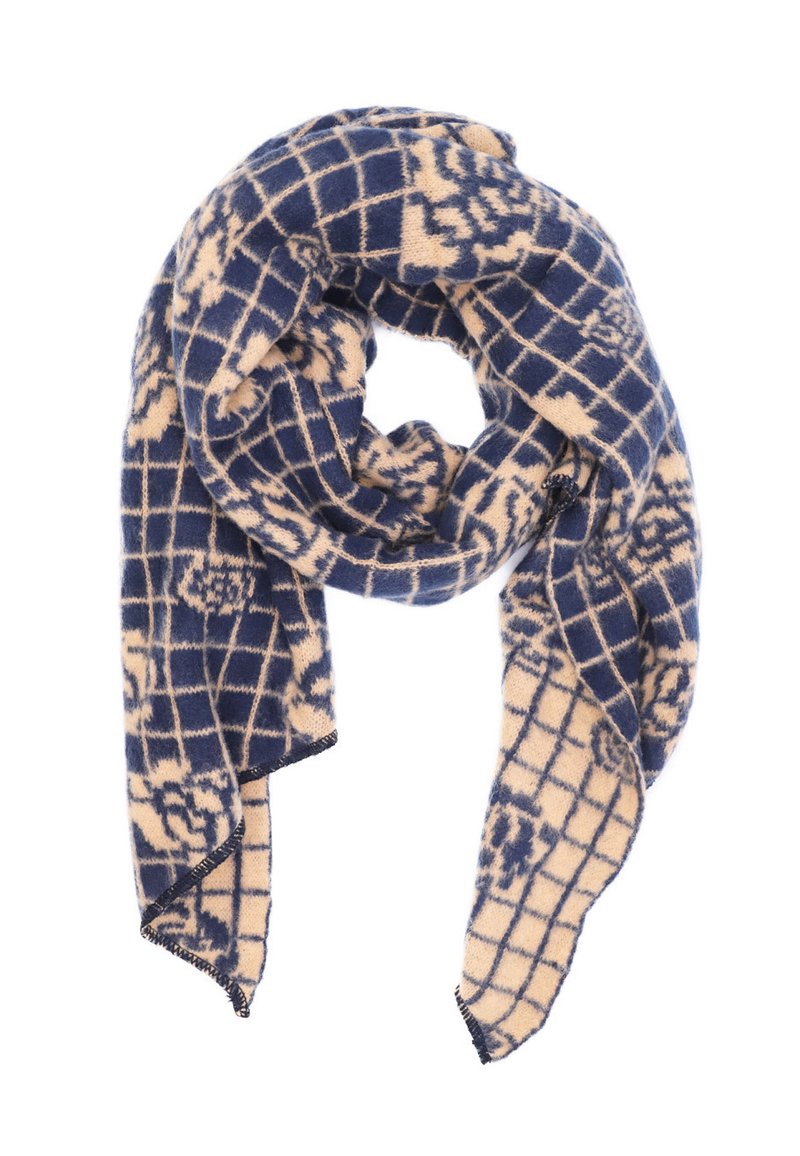 Sciarpa blu e beige con motivo, realizzata in materiale morbido, presenta un design a griglia con accenti floreali, rifinita con bordi sfrangiati.