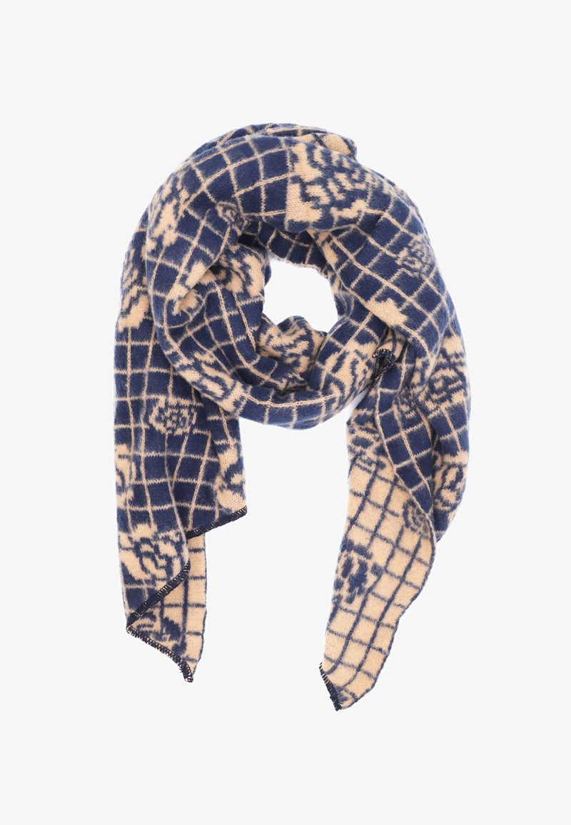 Sciarpa blu e beige con motivo, realizzata in materiale morbido, presenta un design a griglia con accenti floreali, rifinita con bordi sfrangiati.