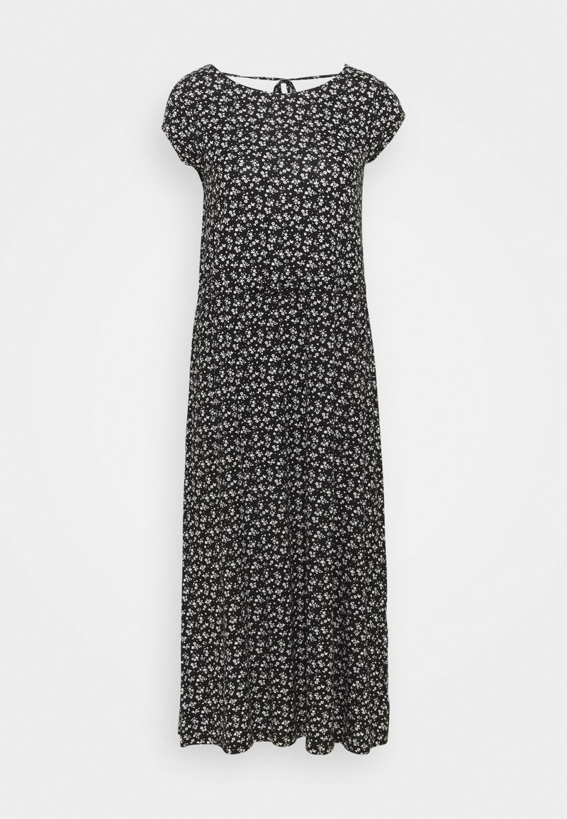 Robe midi noire à manches courtes avec un petit imprimé floral blanc, avec un détail à nouer dans le dos au niveau de l'encolure.