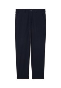 Marineblaue Hose aus Stretchstoff mit schmal zulaufendem Design, elastischem Bund, Taschen vorne und einem einzelnen Knopfverschluss.